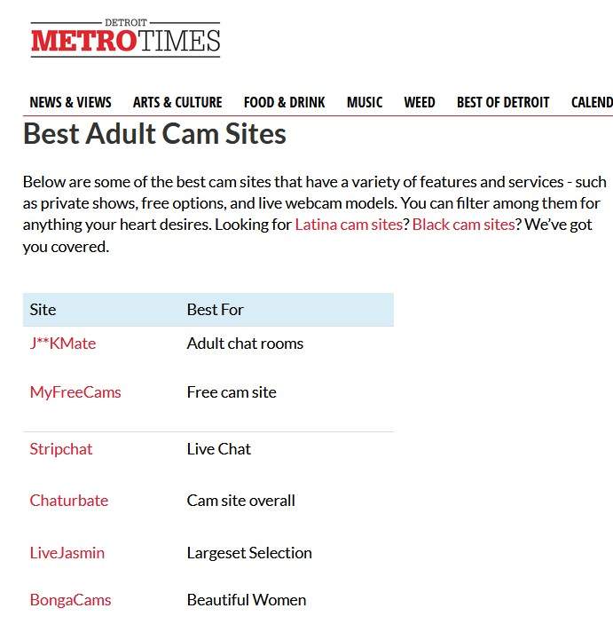 screenshot of the false best cam sites ranking list by metrotimes